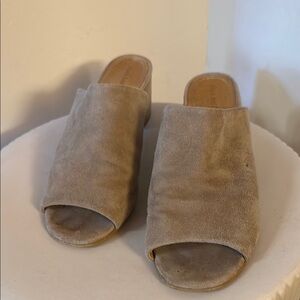 Tan Suede Open-Toe Mules